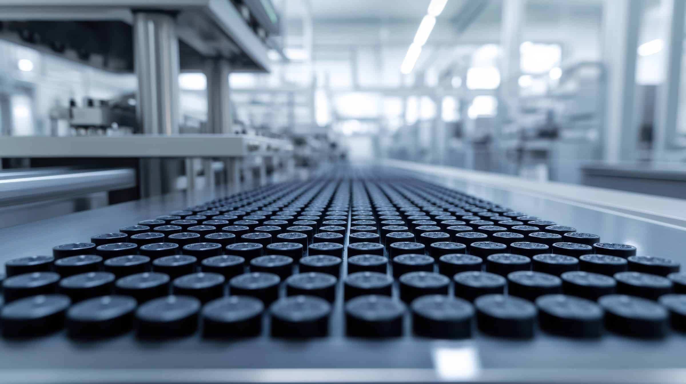Rows of capped vials on a filling line